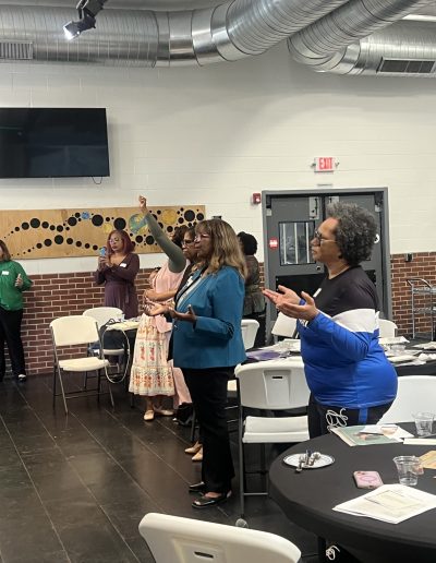 Women celebrating God with their hands lifted